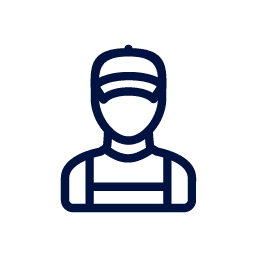 icon-set-4 Icon of a person wearing a cap and overalls, drawn in a simple, dark blue outline.